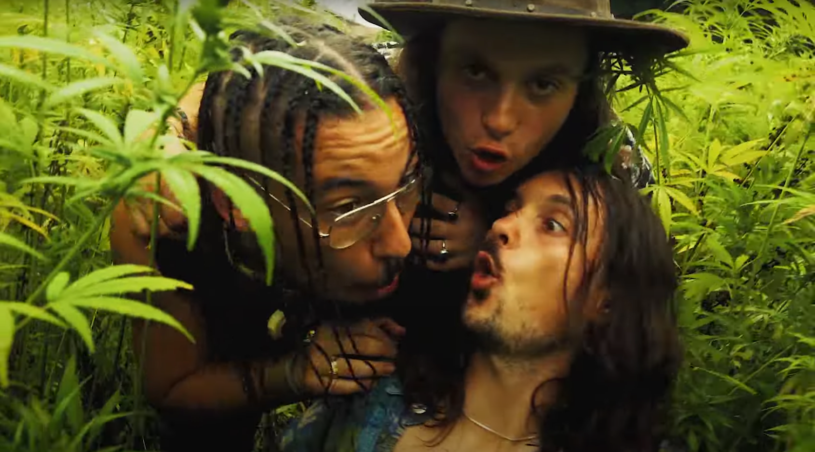 Foto del grupo Mota Blues donde se ven a tres chicos bastante hippies entre plantas de cáñamo